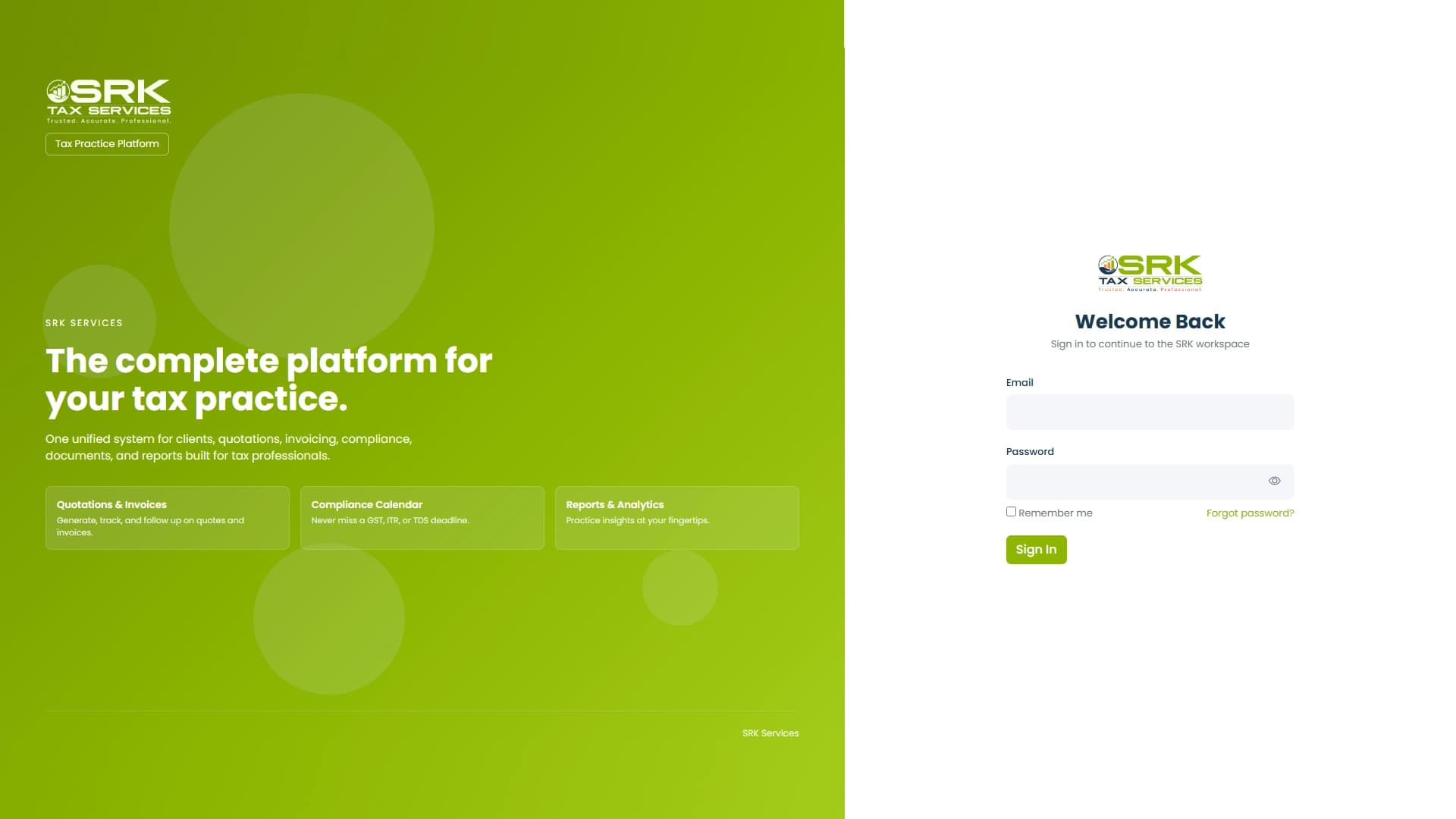SRK Services — tax practice platform screenshot