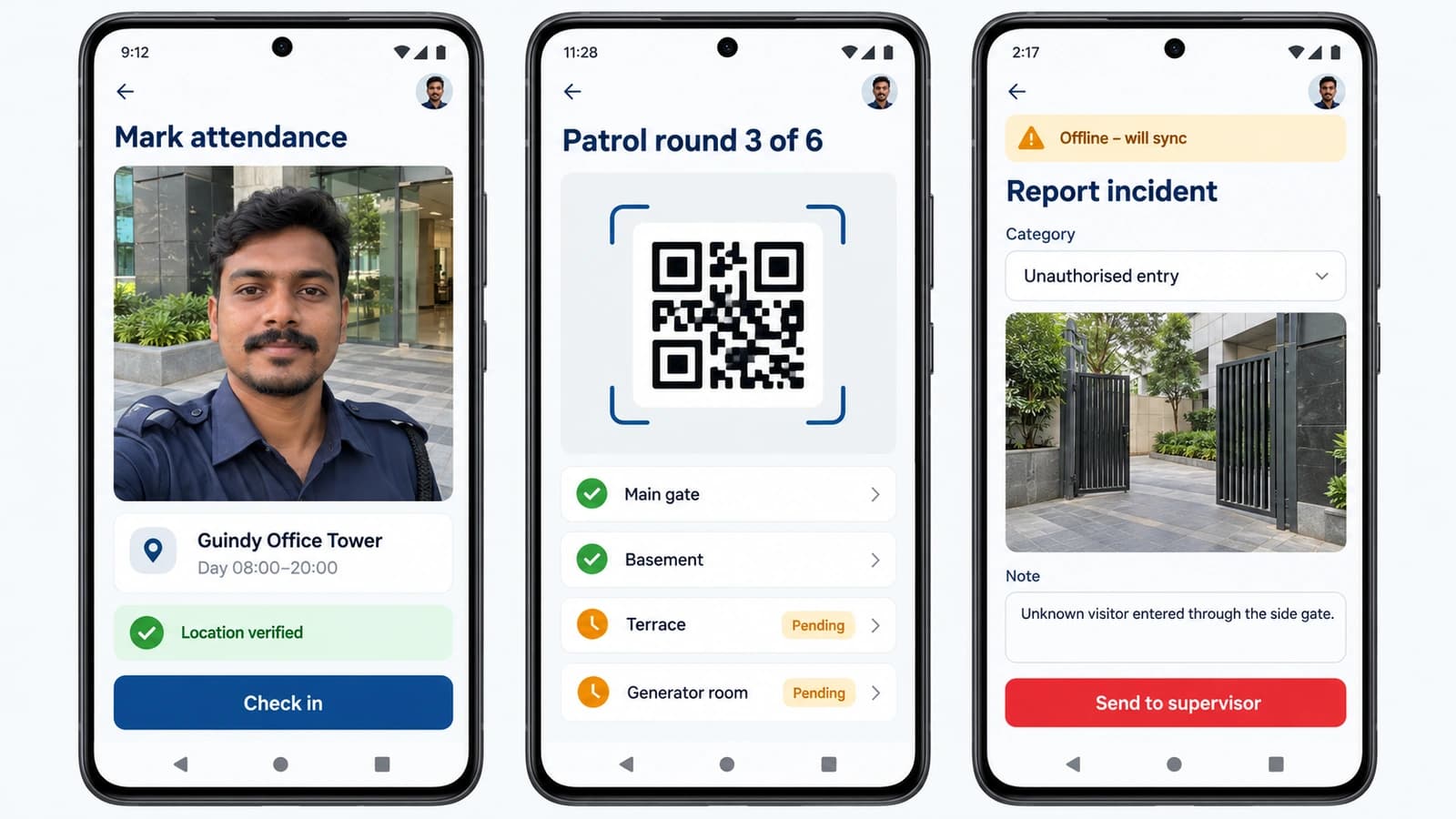 Guard app screens for selfie attendance, QR checkpoint patrol rounds and incident reporting