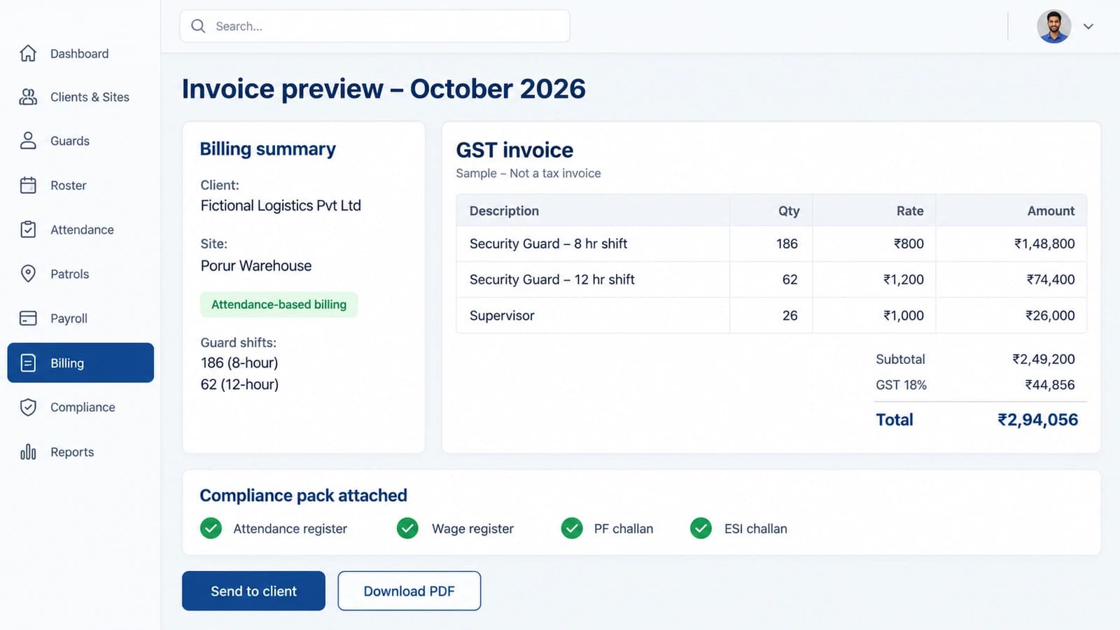 Site-wise GST invoice generated from guard attendance with compliance documents attached
