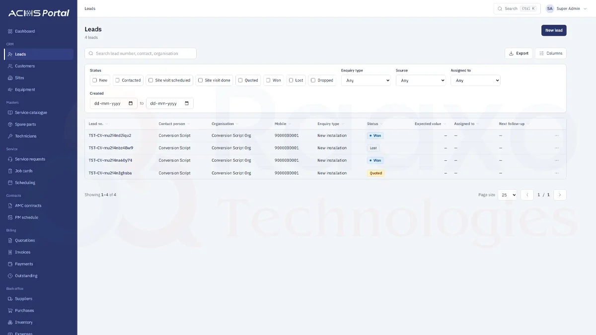 HVAC service management software leads and CRM module — track enquiries from new to won, built by Raaxo Technologies