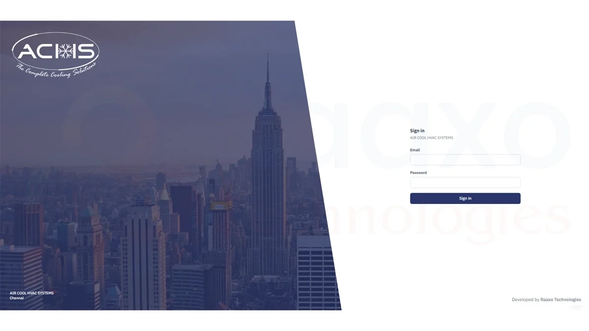 Air Cool HVAC Systems management software login screen — developed by Raaxo Technologies Chennai
